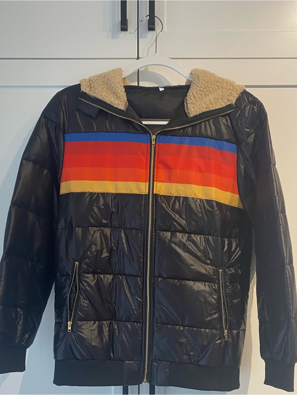 Every thin Black Ski Jacket with Blue, Red, Orange and Yellow Stripes,NEVER WORN